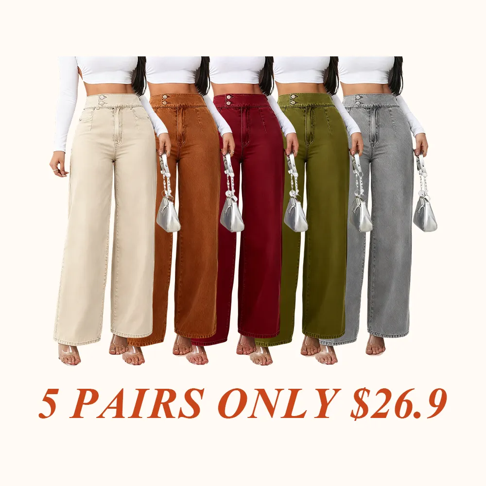 Women's vintage elegant high-waisted wide-leg jeans