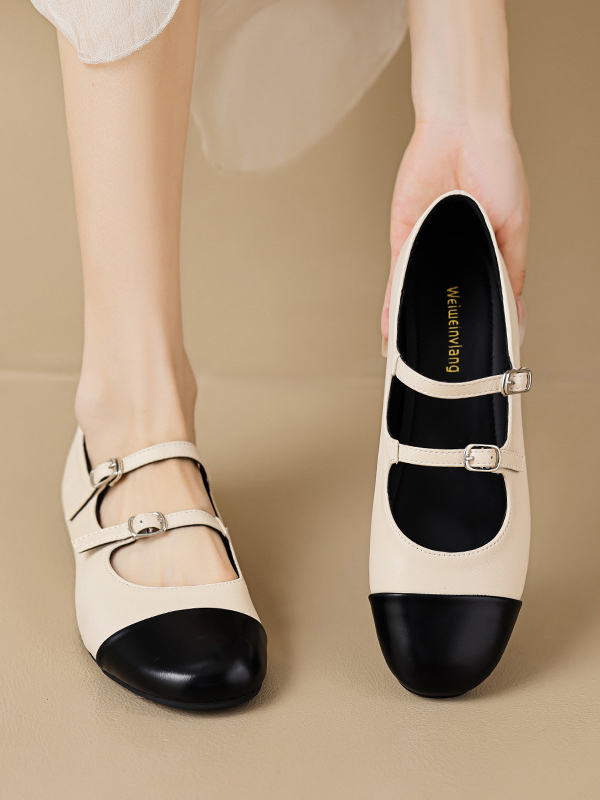 Belt Buckle Round-Toe Split-Joint Mary Janes Flat Shoes