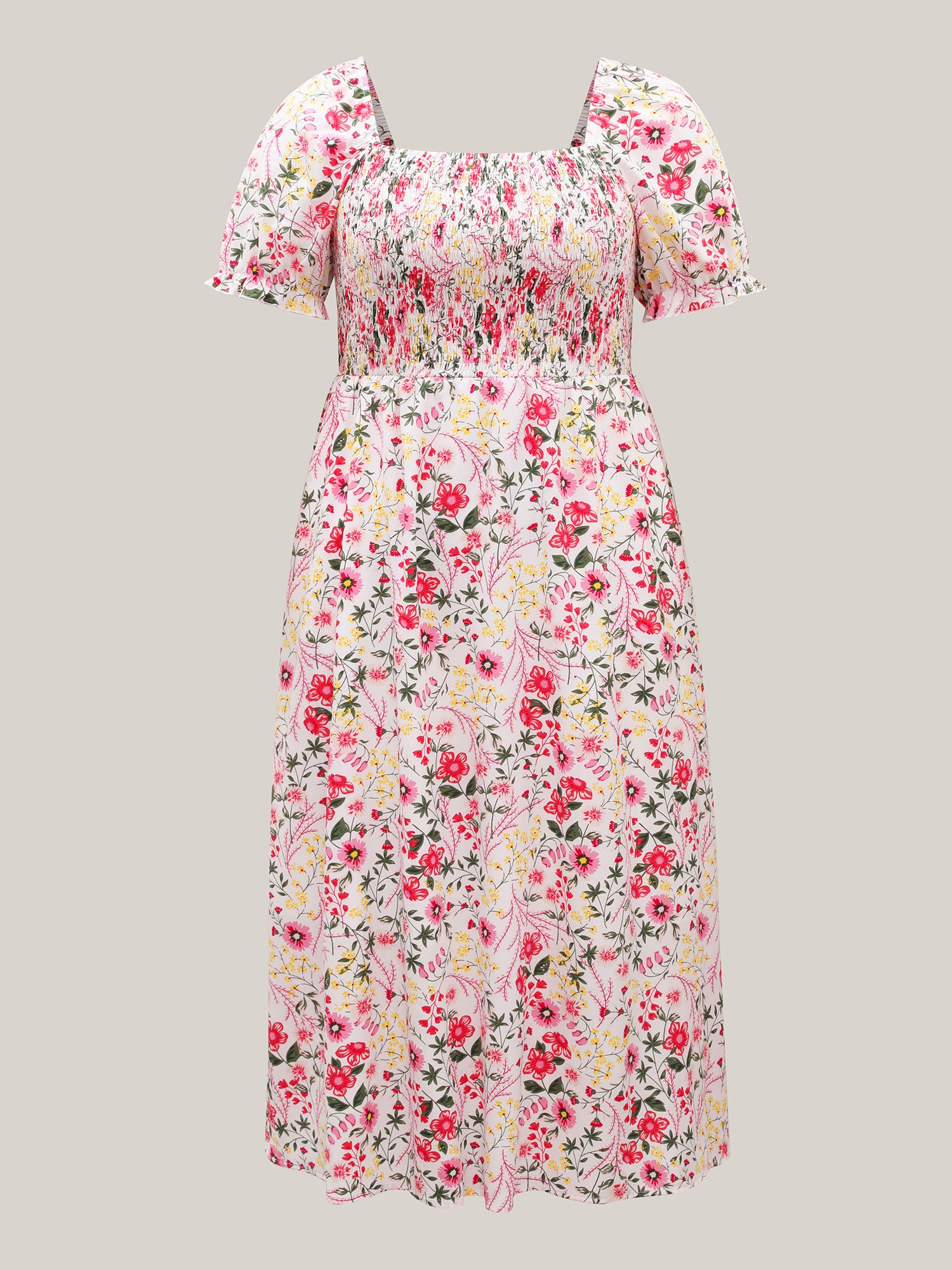 Shirred Floral Print Pockets Maxi Dress