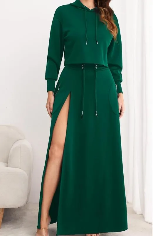 Women's Solid Drawstring Hoodie & Split Thigh Skirt Set