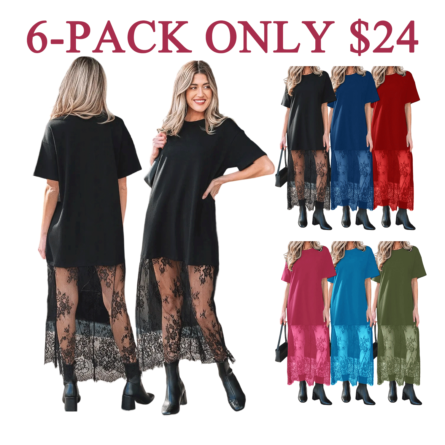 Women’s Oversized T-Shirt Maxi Dress with Sheer Lace Hem
