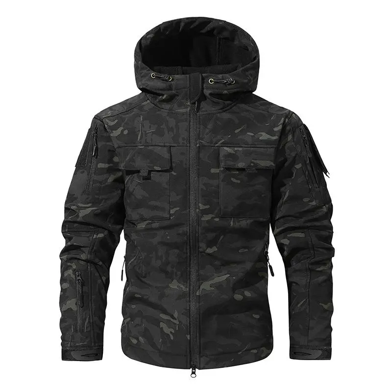 Men's Multi-Pocket Workwear Hooded Jacket, Fleece Waterproof Jacket
