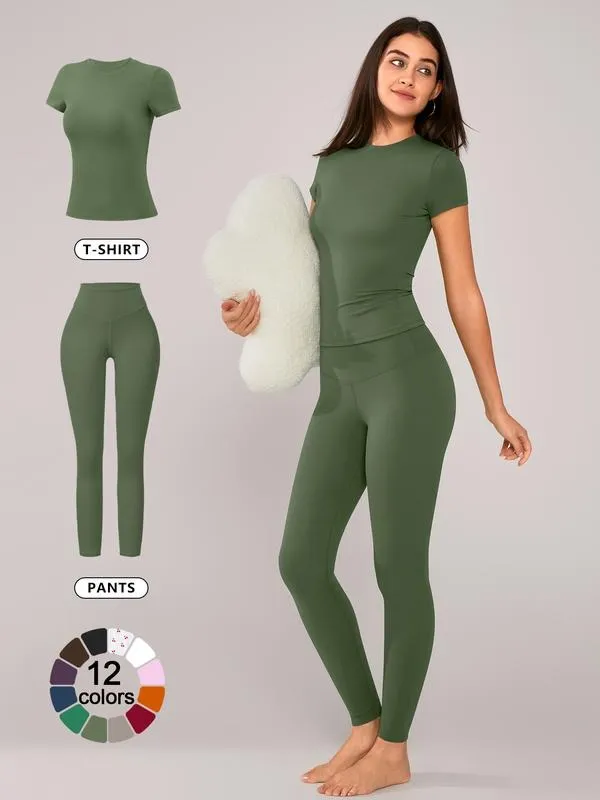 Women's Solid Short Sleeve Tee & Leggings Loungewear, Casual Comfy Round Neck Top & Skinny Pants PJ Set