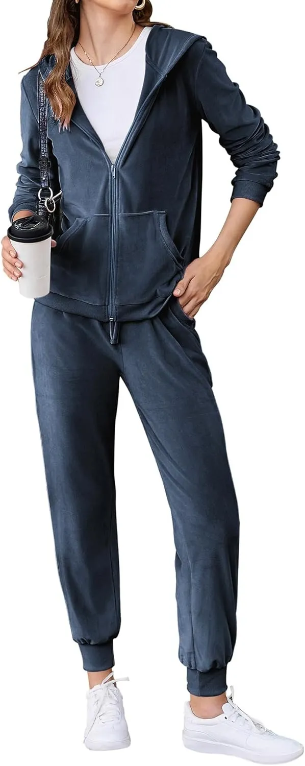 Women's Casual Velour Tracksuit Set Full Zipper Hoodie