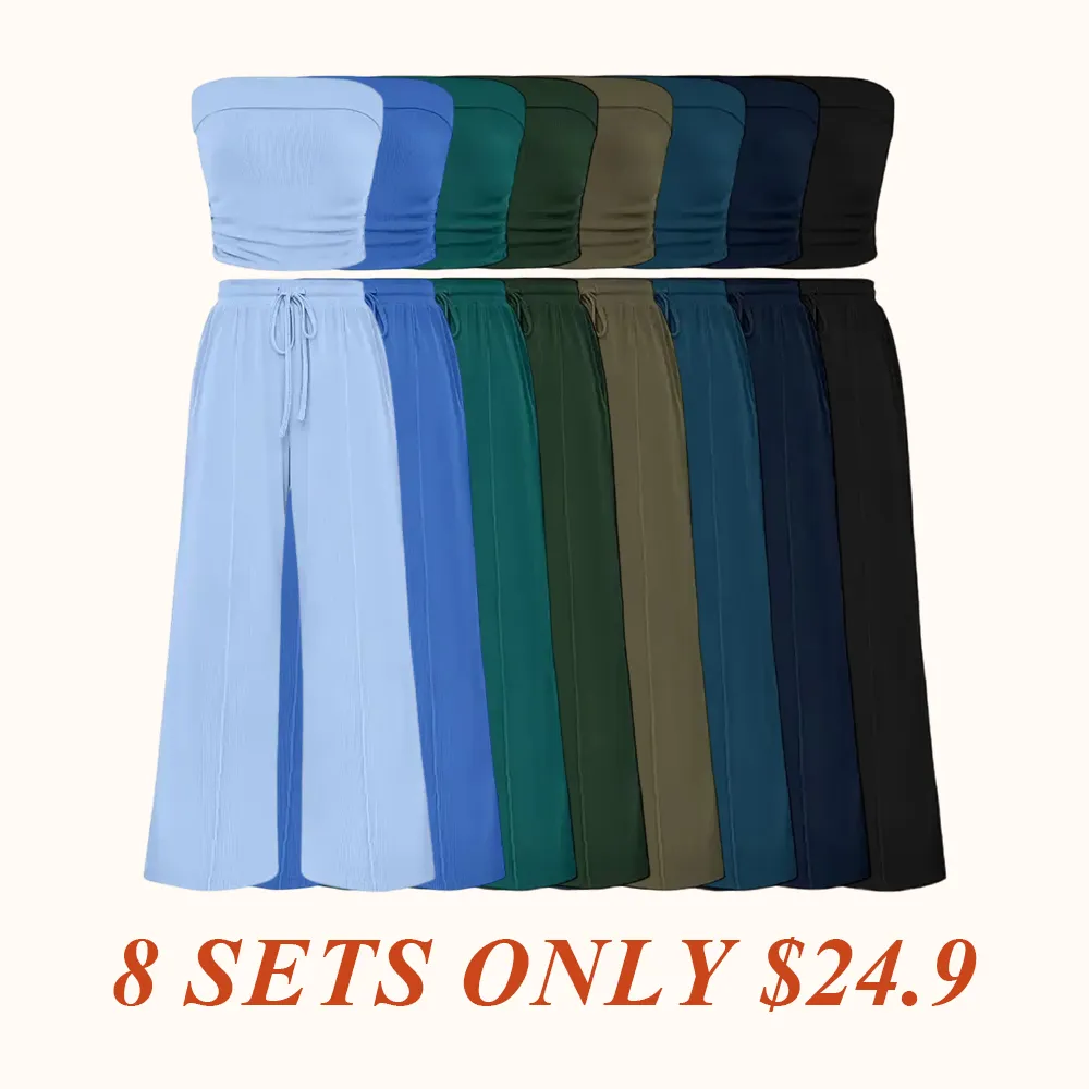 Womens Summer Outfits 2 Piece Sets Casual Ribbed Knit Crop Tube Top Wide Leg Pants