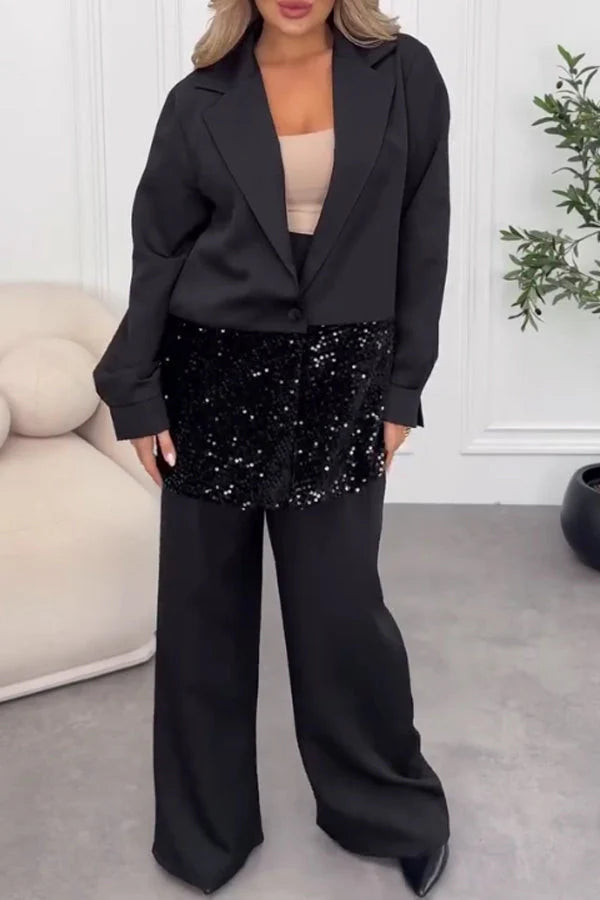 Women Elegant Sequined Suit + Wide-Leg Pants Suit
