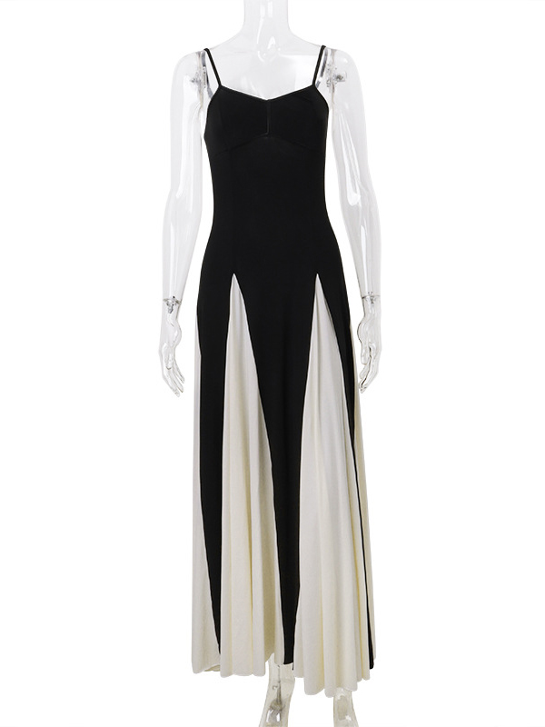 Backless Contrast Color Pleated Split-Joint High Waisted Sleeveless Spaghetti-Neck Maxi Dresses