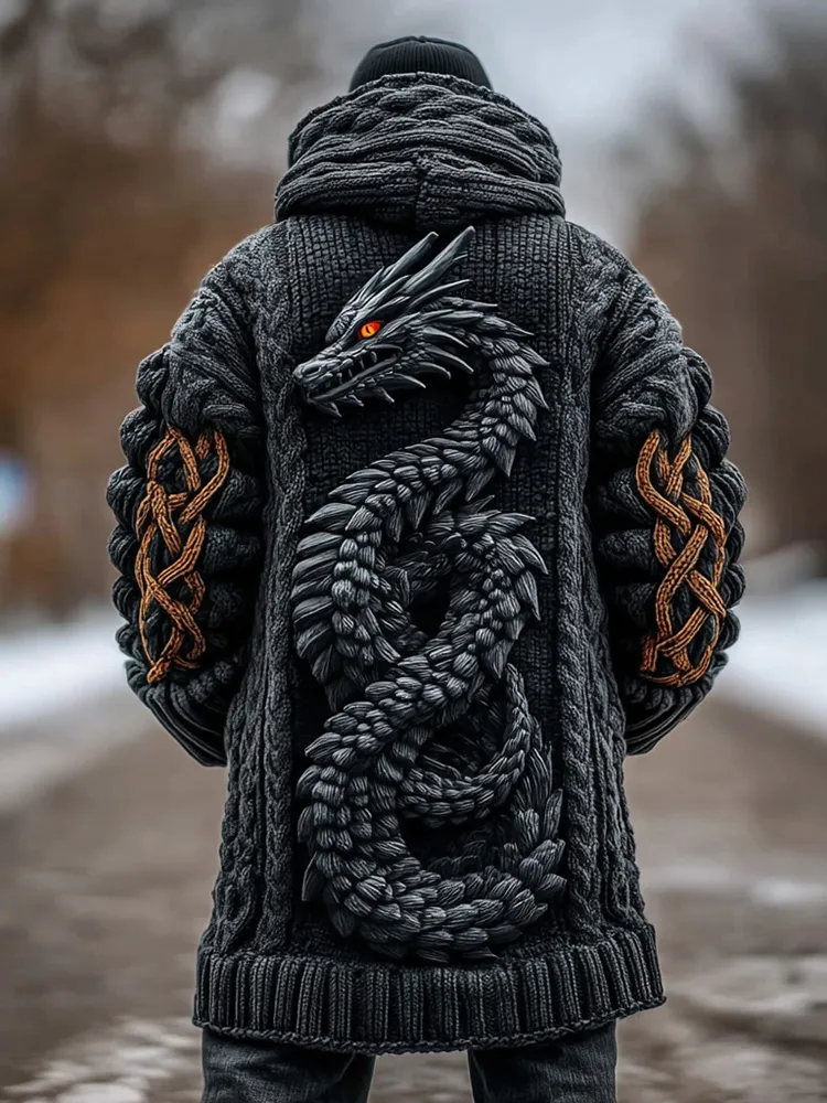 Men's Viking Celtic Dragon Knit Long Cardigan Sweater