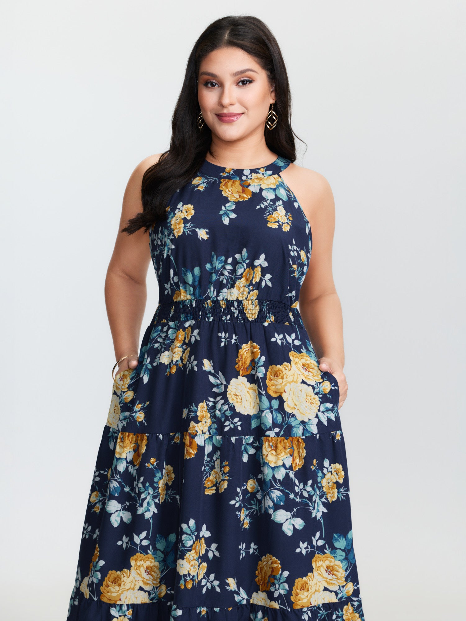 Shirred Floral Print Halter Neckline Maxi Dress