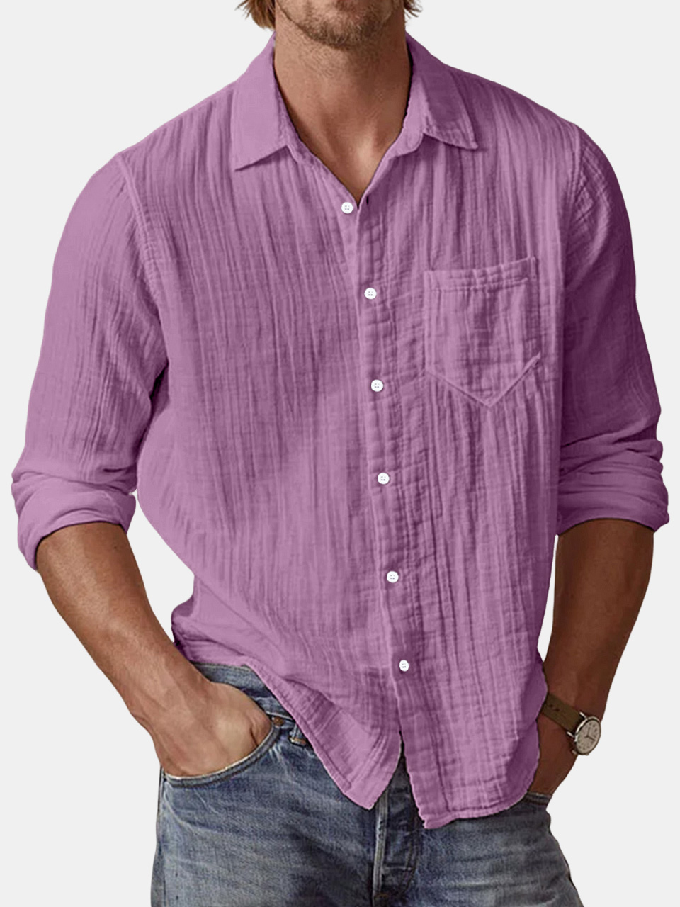 Men's Casual Textured Solid Color Comfortable Puff Wrinkle Long Sleeve Shirt