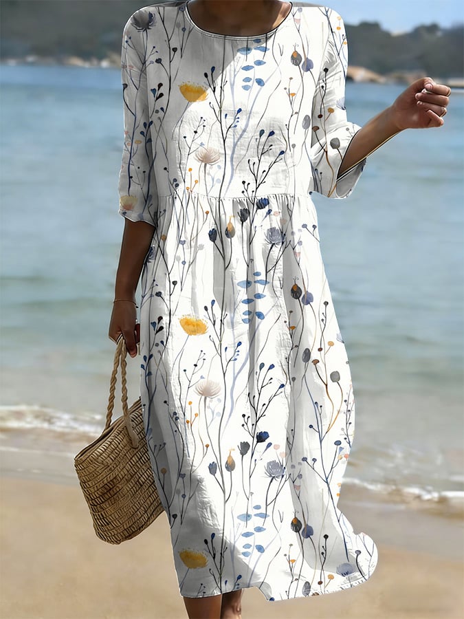Women's Casual Solid Color Round Neck Mid-Sleeve Floral Print Cotton Linen Dress- Fast Shipping