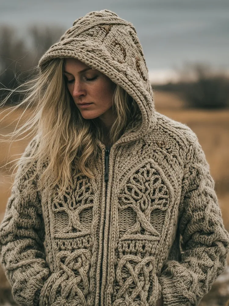 Vintage Viking Inspired Tree Of Life Knit Hooded Cardigan