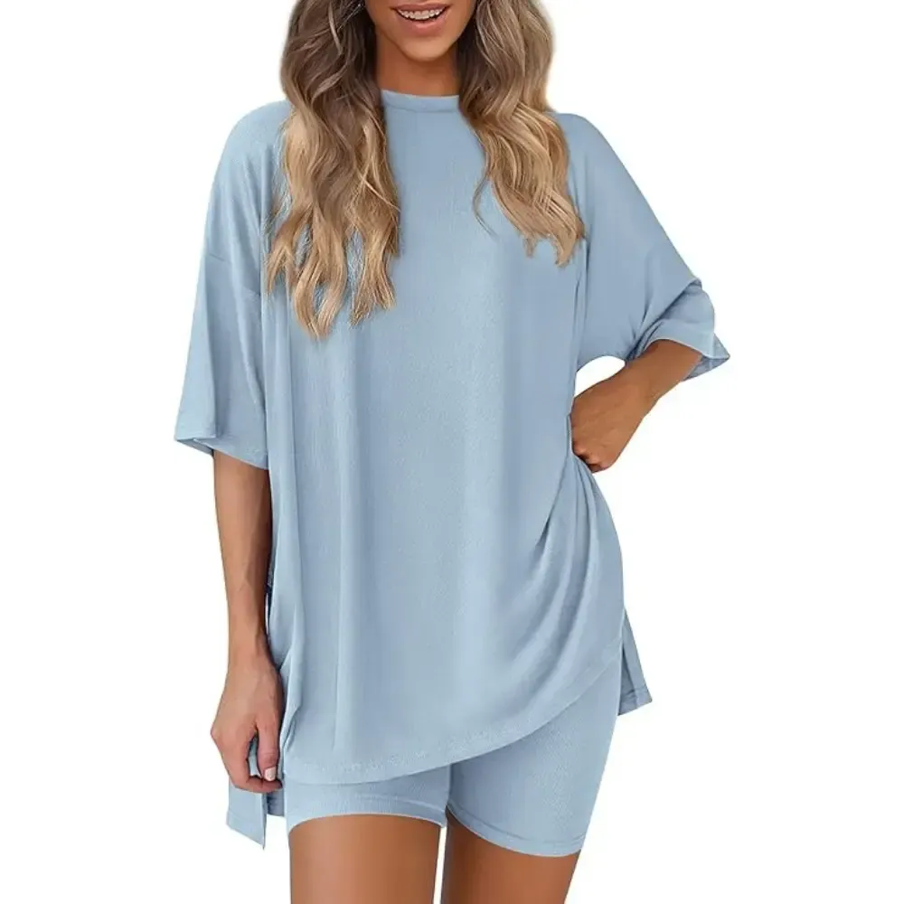 Crewneck Two-Piece Set For Women Summer Casual Oversized Split Hem Shirts