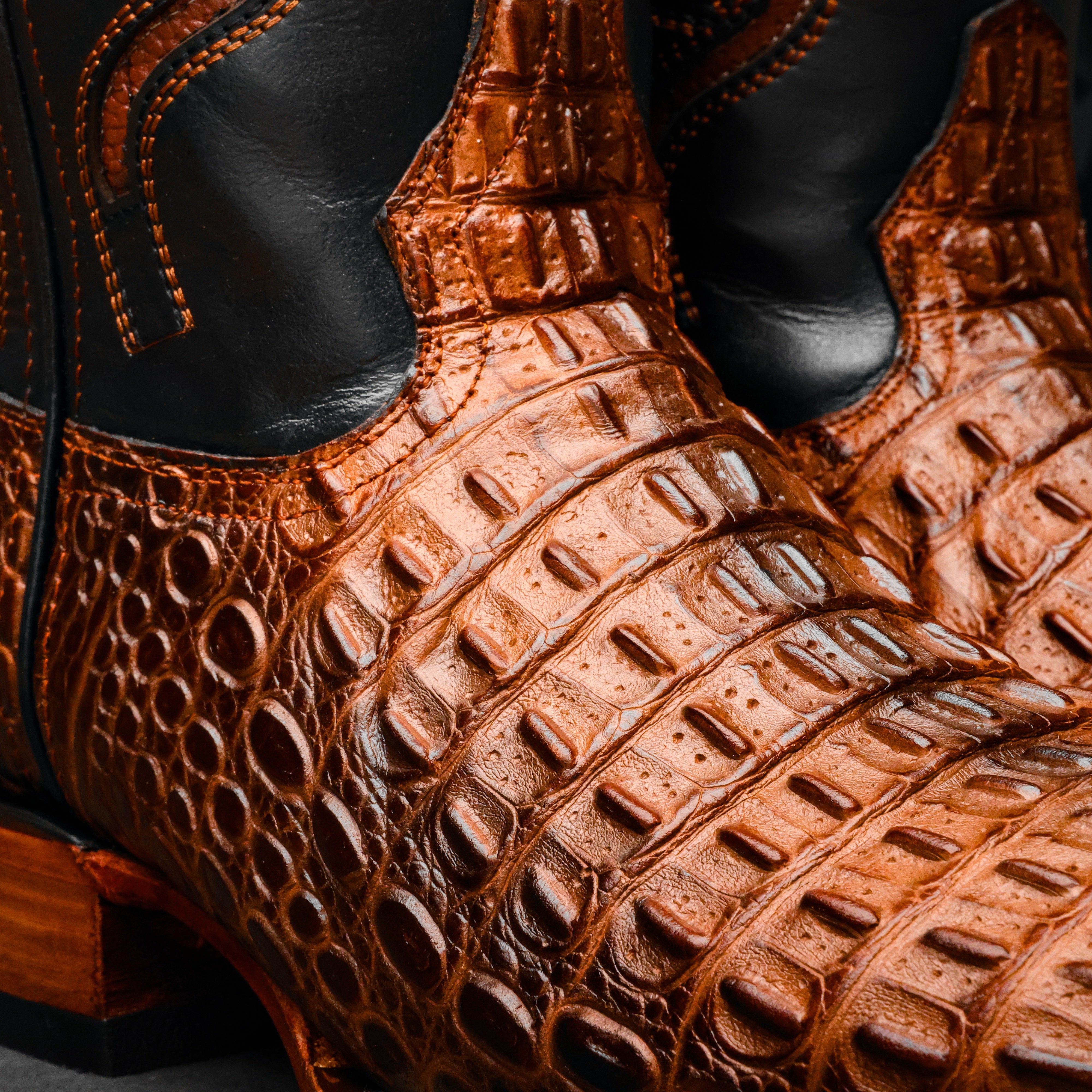 Metallic Cognac Caiman Hornback Leather Boots - Square Toe