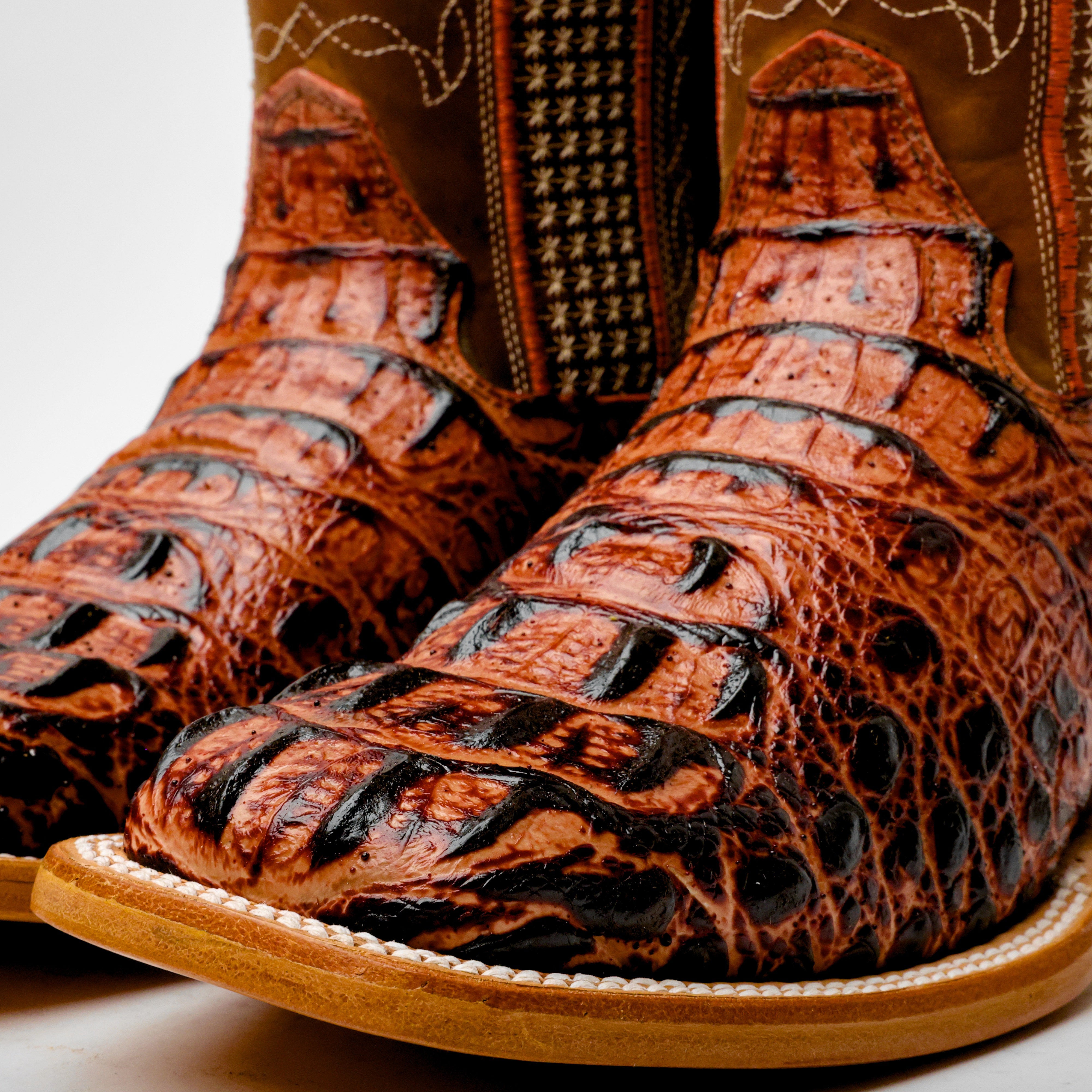 Cognac Caiman Neck Leather Boots - Square Toe