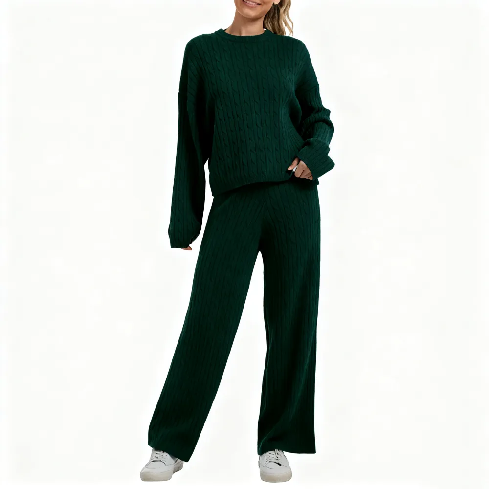 Women's Cable KnitBLACK FRIDAYSweater Lounge Set-Long Sleeve Pullover Top &High-Waisted Wide Leg Pants, Cozy 2-PieceOutfit for Fall & Winter