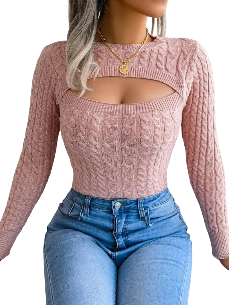Women's solid color openwork round neck sweater