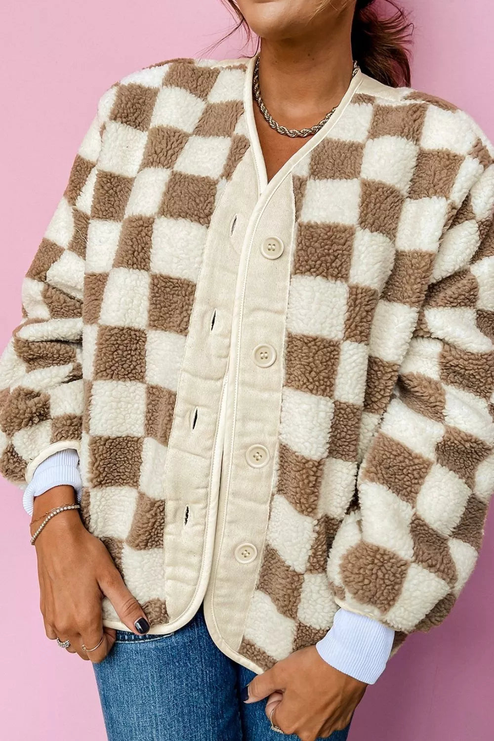 Oversized Checkered Sherpa Jacket - Cozy Style & Comfort