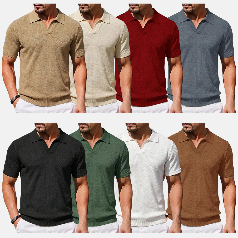 2026 Men's V Neck Short Sleeve Stretch Knit Polo Shirt