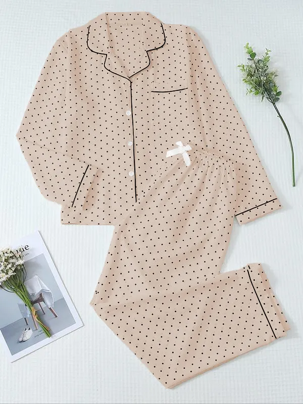 Women's Striped Bow Print Long Sleeve Pajama Set