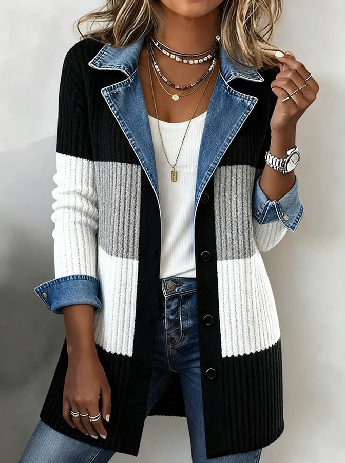 Women'S Casual Loose Contrast Color Patchwork Jacket