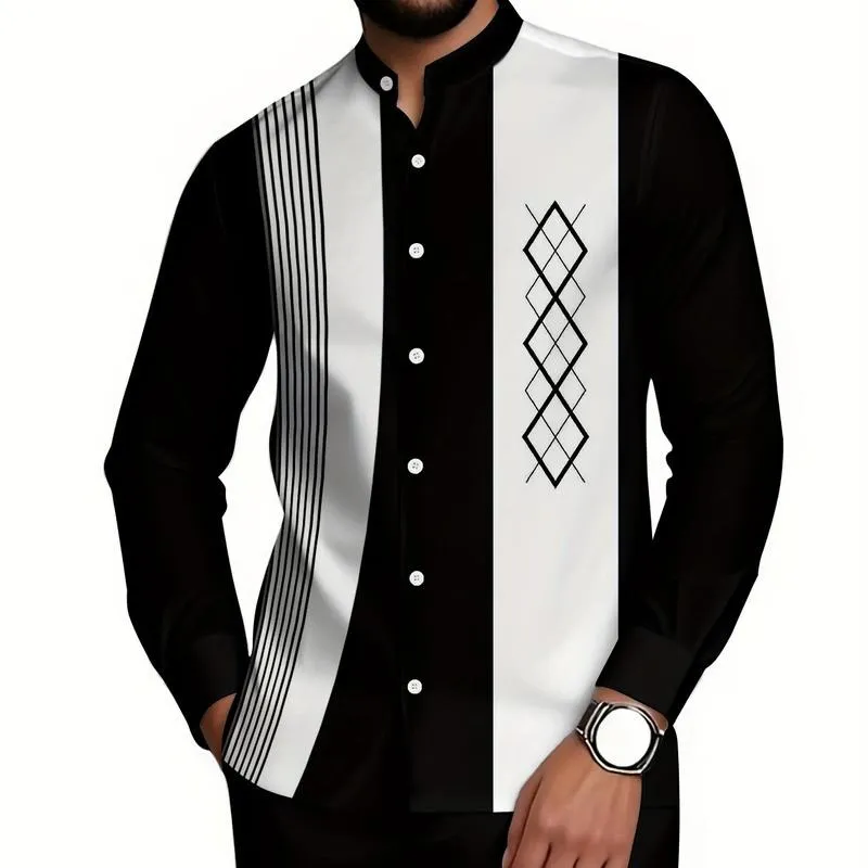 2 piece men's black and white vertical stripe graphic printed button up collar top and drawstring waist casual pants