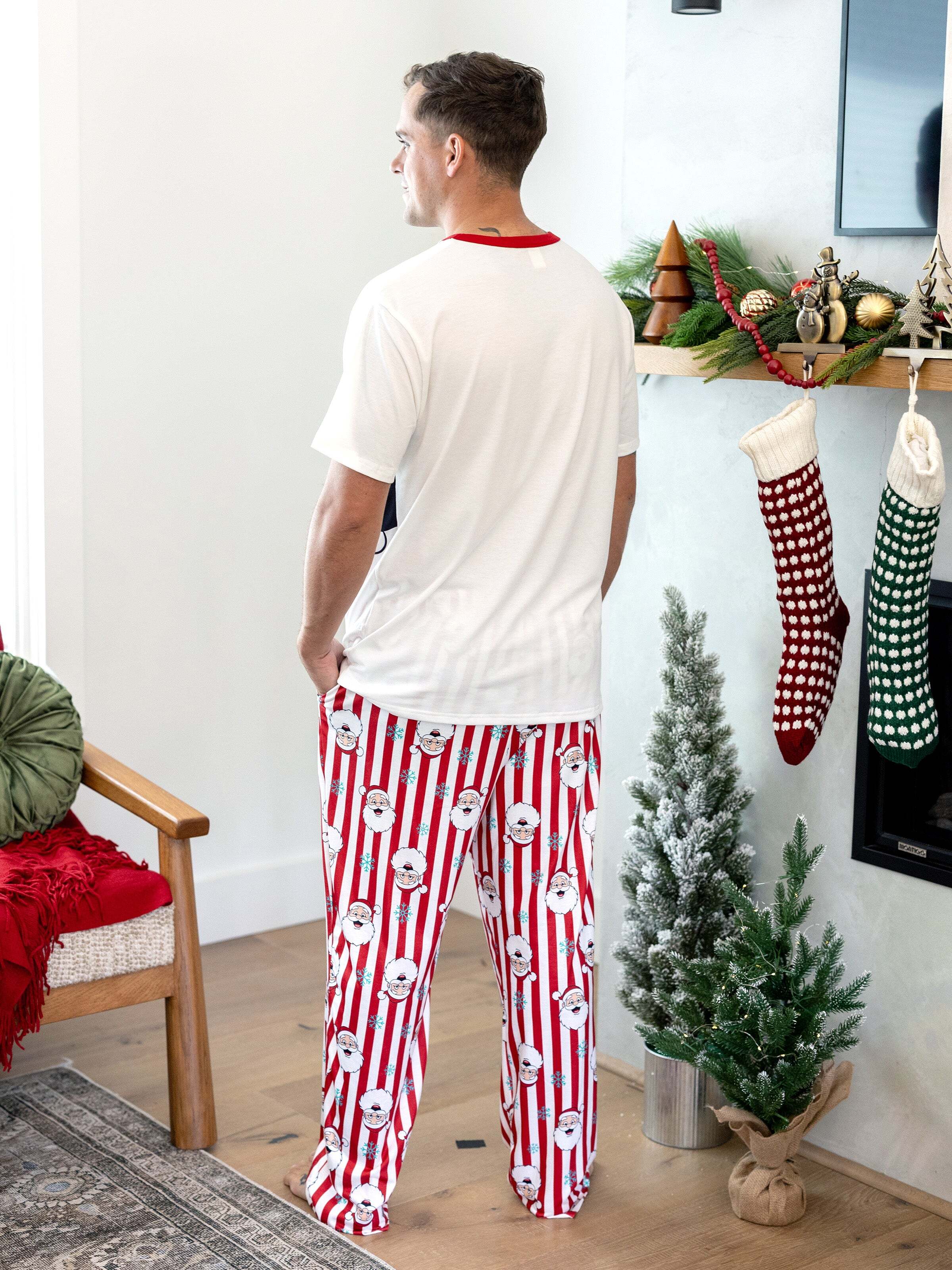 Christmas Matching Family Pajamas Set Santa Claus and Snowflakes Red Stripes PJS Red