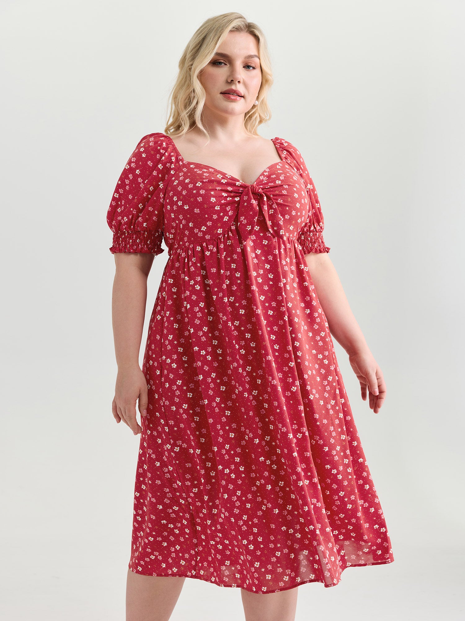 Romantic Summer Floral Print Tie Midi Dress