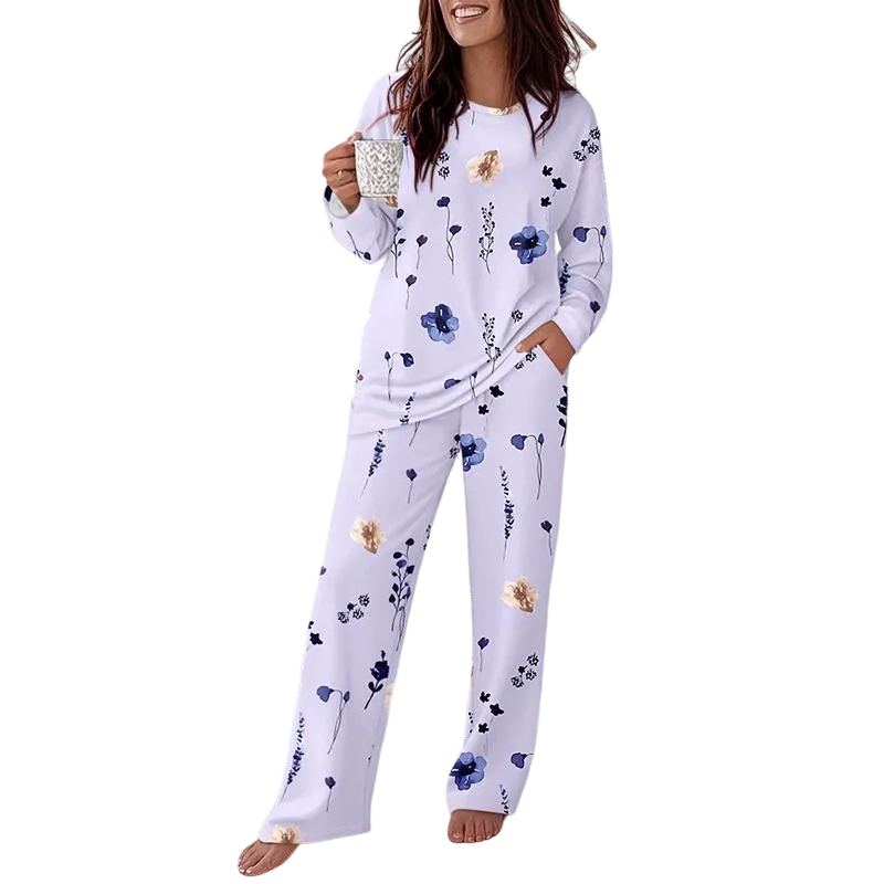 Women's Printed Crew Neck Long-Sleeved Top and Printed Trousers Set