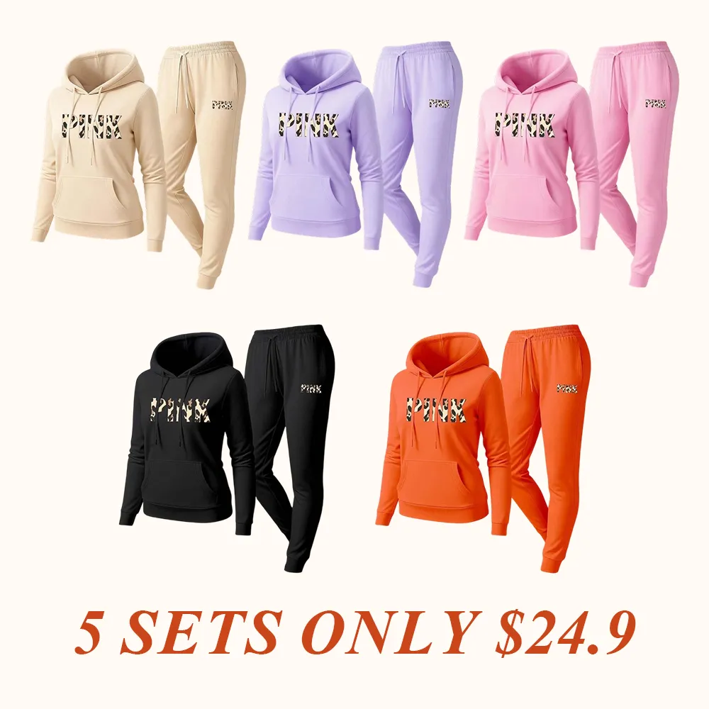 Women's Leopard Pink Print Hoodie & Drawstring Sweatpants Set