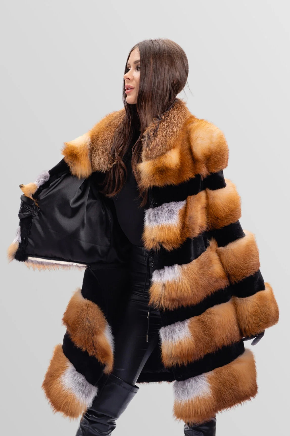 Haină din Blană Naturală de Vulpe Canadiană, Transformabilă, Femei, Brown Frost 245