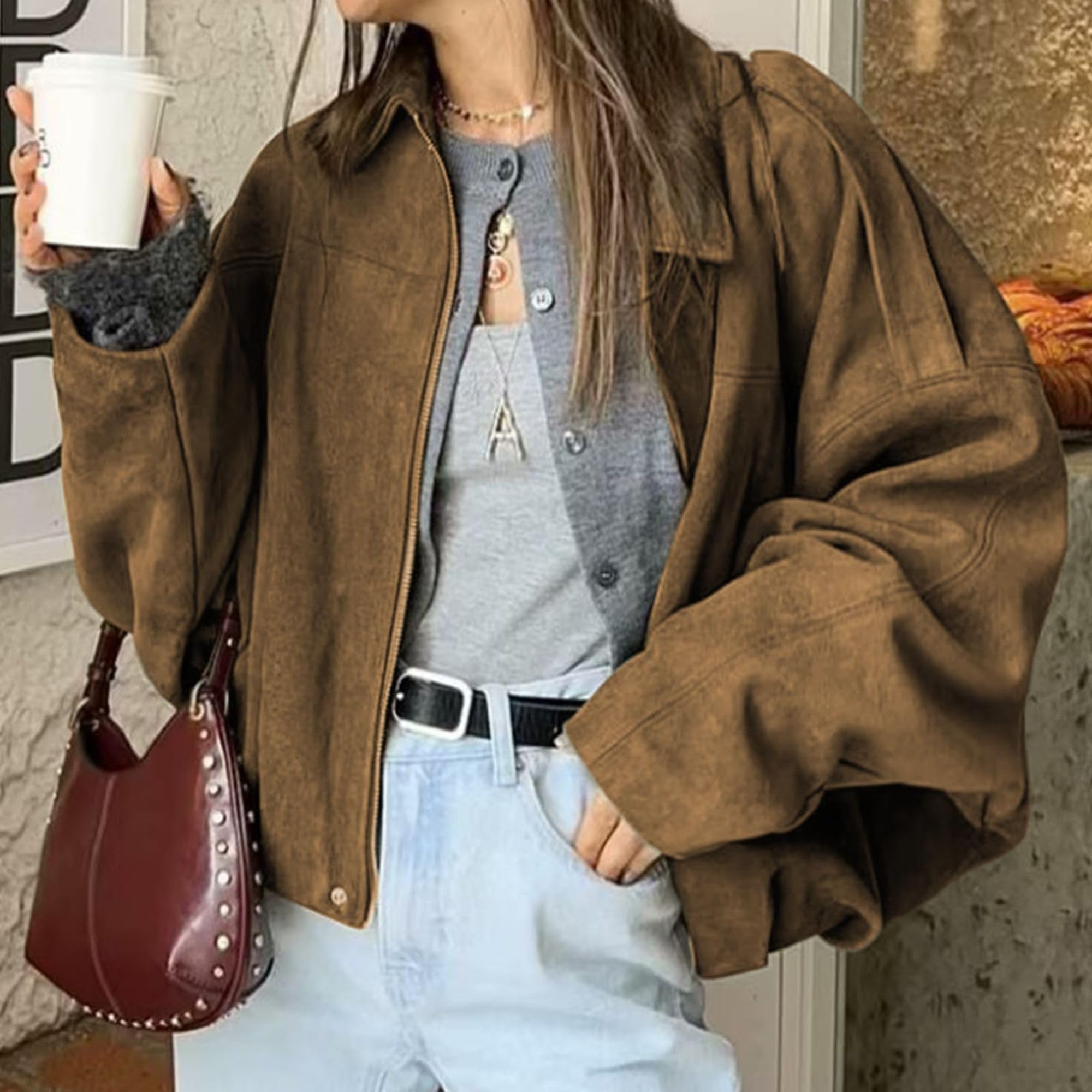 Xunger Women's Faux Suede Bomber Jacket Spring Lapel Pilot Coat Casual Oversized Long Sleeves Trendy Streetwear Outerwear