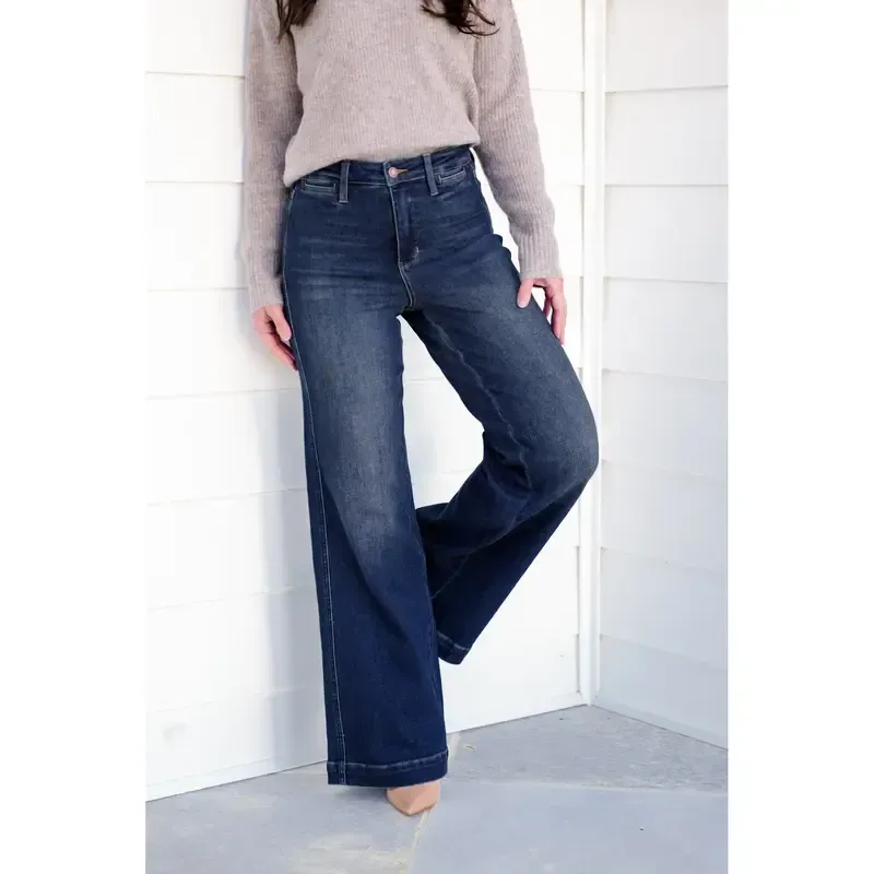 High-waisted dark washed vintage wide-leg jeans