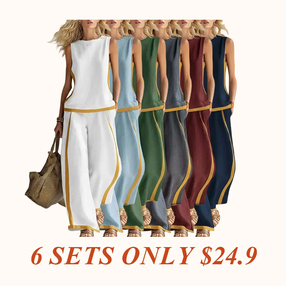2026 Linen Blend Two Piece Set for Women Sleeveless Color Block Top Wide Leg Pants Set Casual Summer Outfit