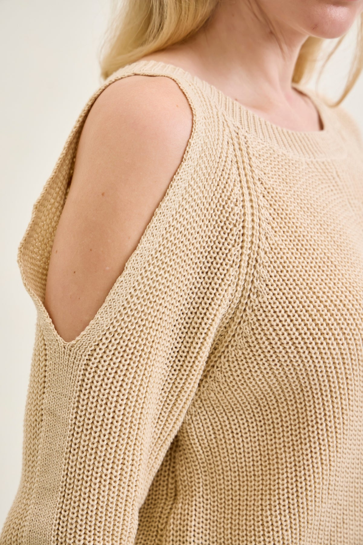 Chevron Stitch Cold Shoulder Beige Sweater