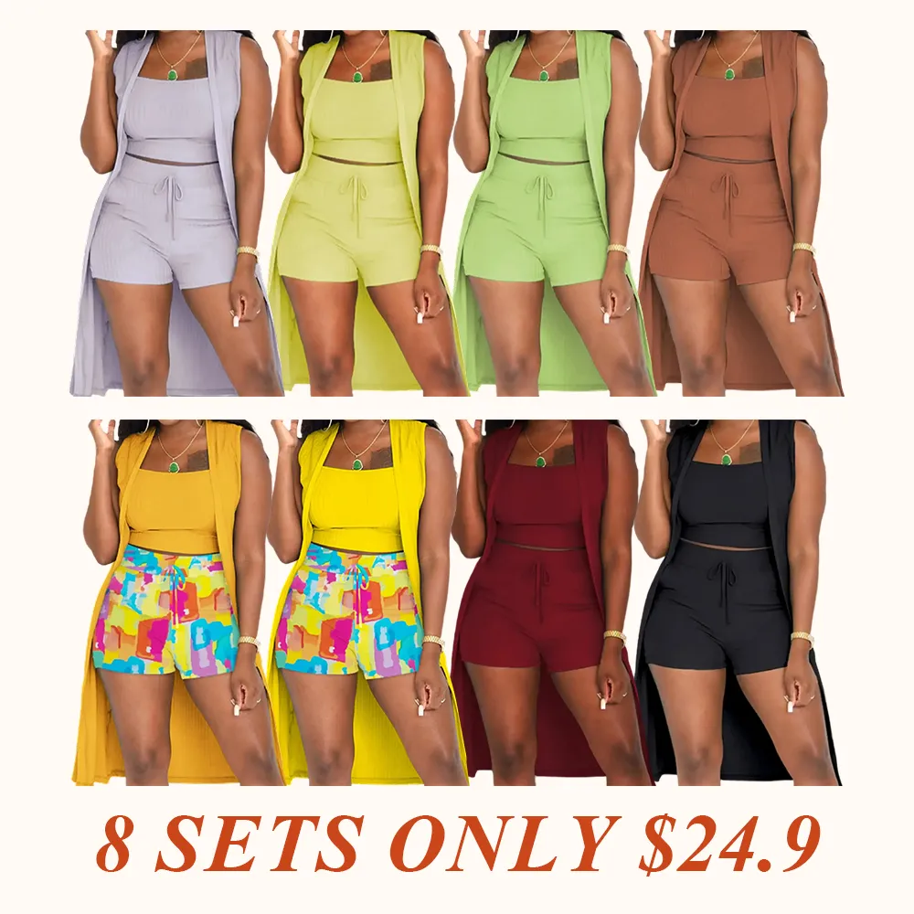 Three-Piece Set Women's Solid Ribbed Co-ord Set, Casual Crop Tank Top & Drawstring Waist Shorts & Vest Coat Set for Daily Wear