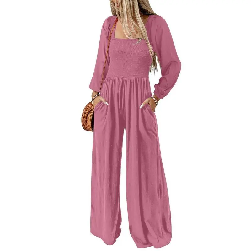 Women's Casual Loose Overalls Jumpsuits One Piece Long Sleeve Wide Leg Long Pant Rompers With Pockets