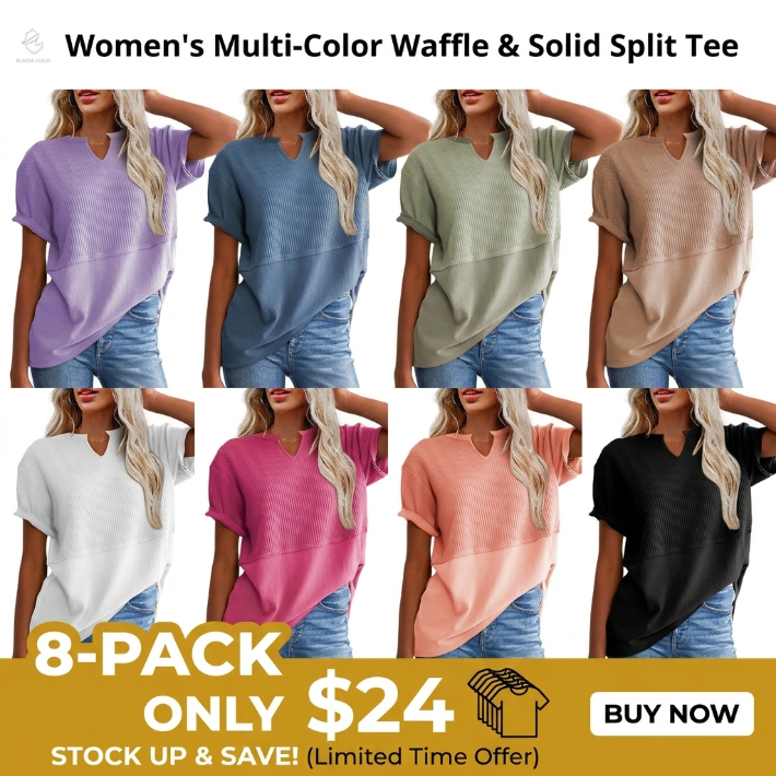 2026 Spring/Summer Cozy Oversized Waffle Knit V-Neck Short Sleeve Pullover Tunic