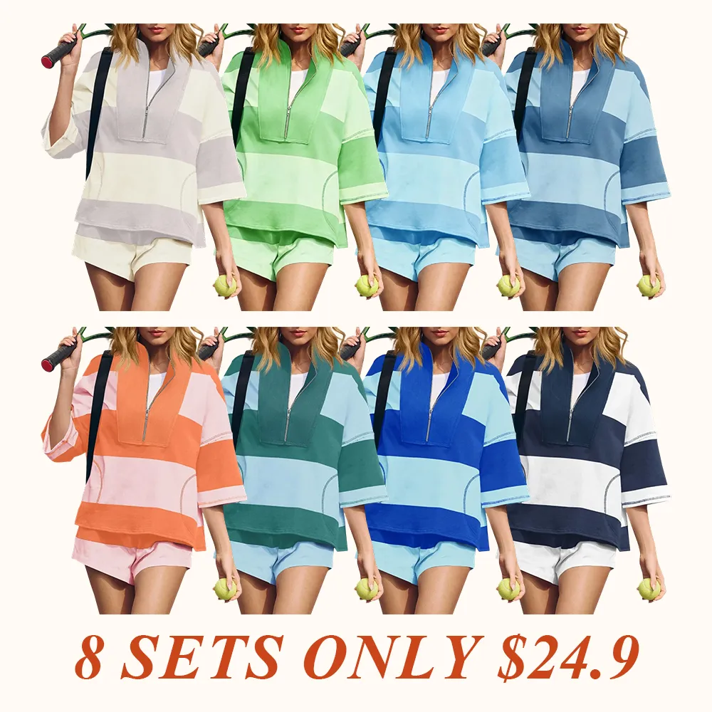 Womens 2 Piece Outfits Summer Striped Sweatshirt Workout Shorts Sets Matching Lounge Set