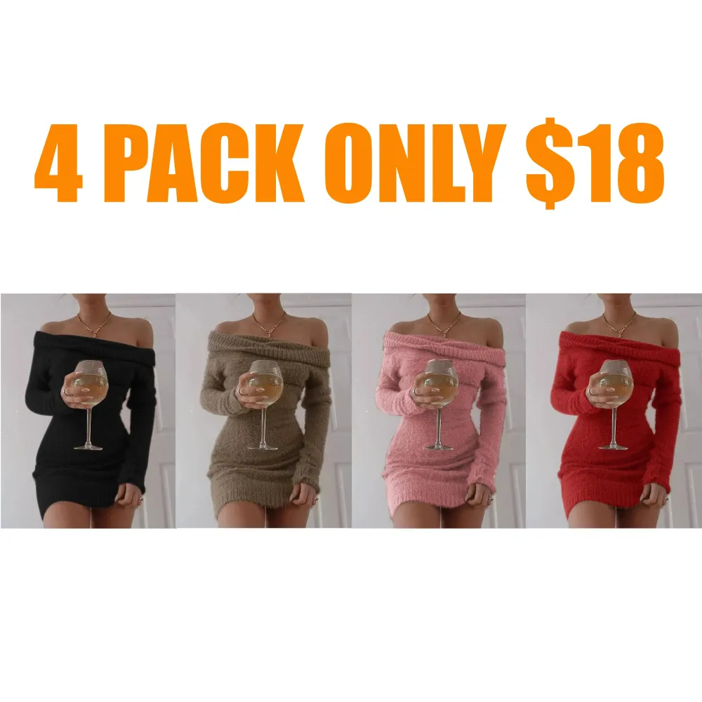 Women's Plain Off The Shoulder Bodycon Sweater Dress without Necklace