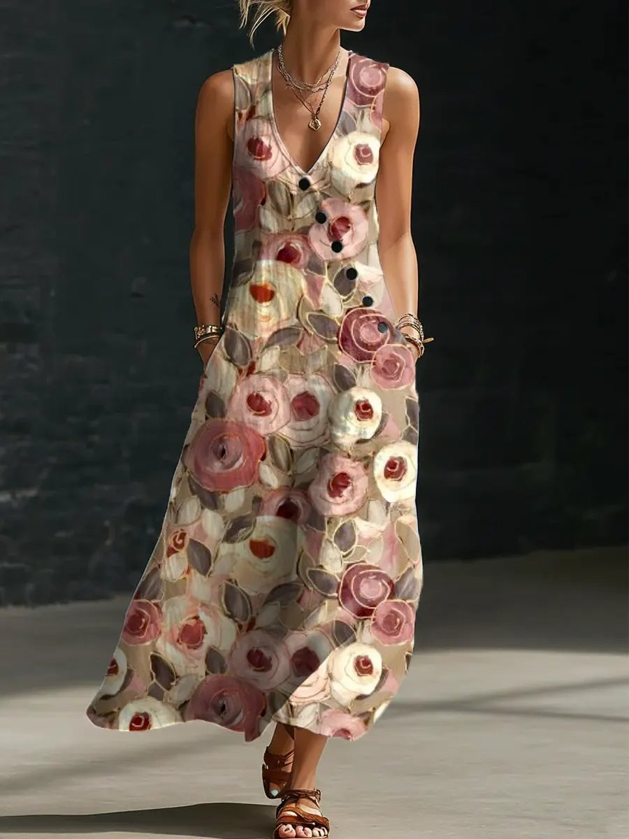 Women's Floral Pattern Art Print Casual Cotton Linen Dress- Fast Shipping