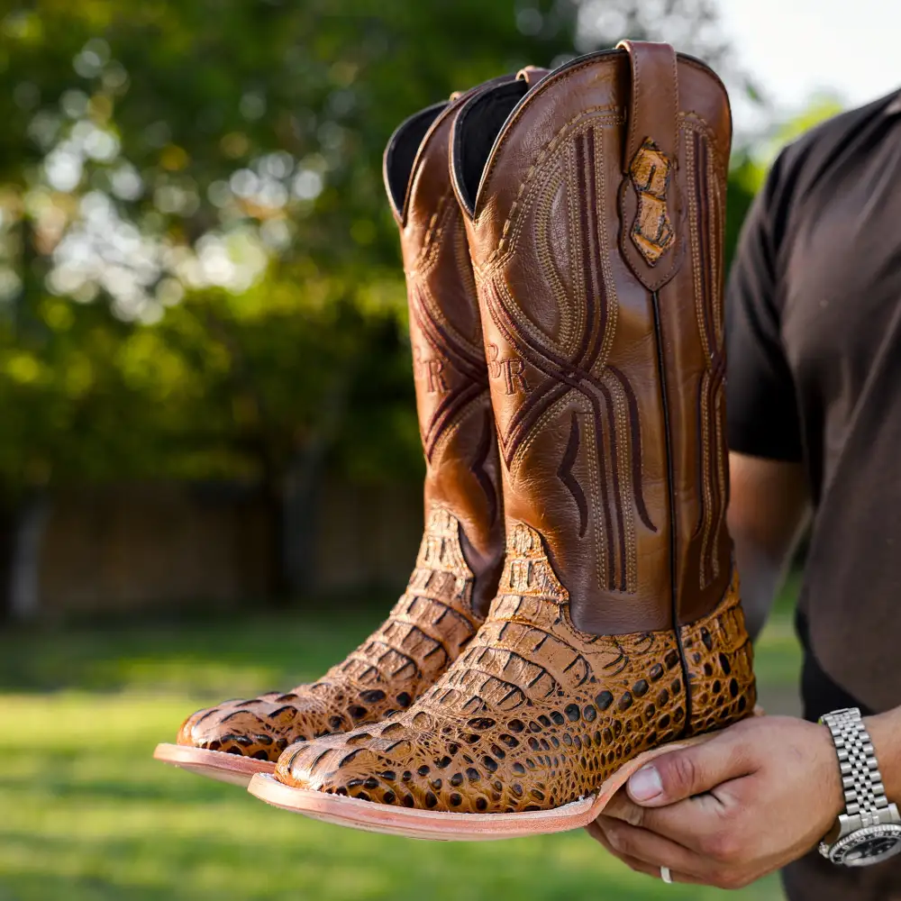 Honey Caiman Neck Leather Boots - Square Toe