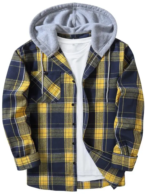 Men's Plaid Print Button Front Drawstring Hooded Shirt, Regular Fit Casual Pocket Long Sleeve Outerwear