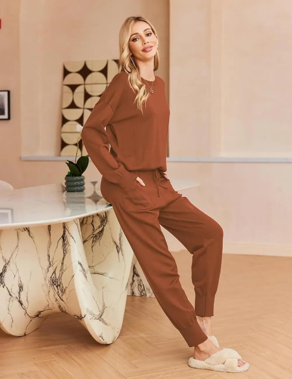 Women's Long Sleeve Knit Loungewear Set Jogger Pants Outfit