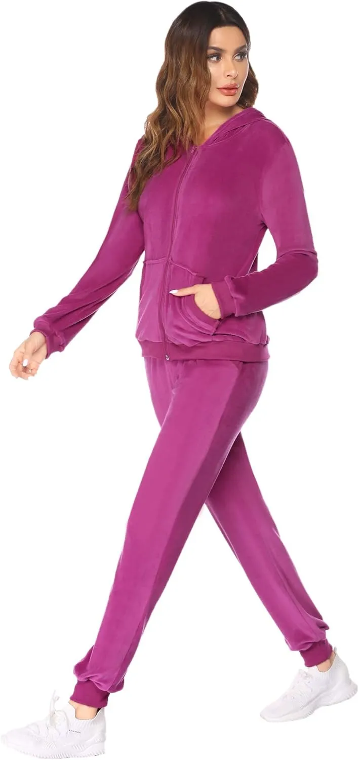 Women's Casual Velour Tracksuit Set Full Zipper Hoodie