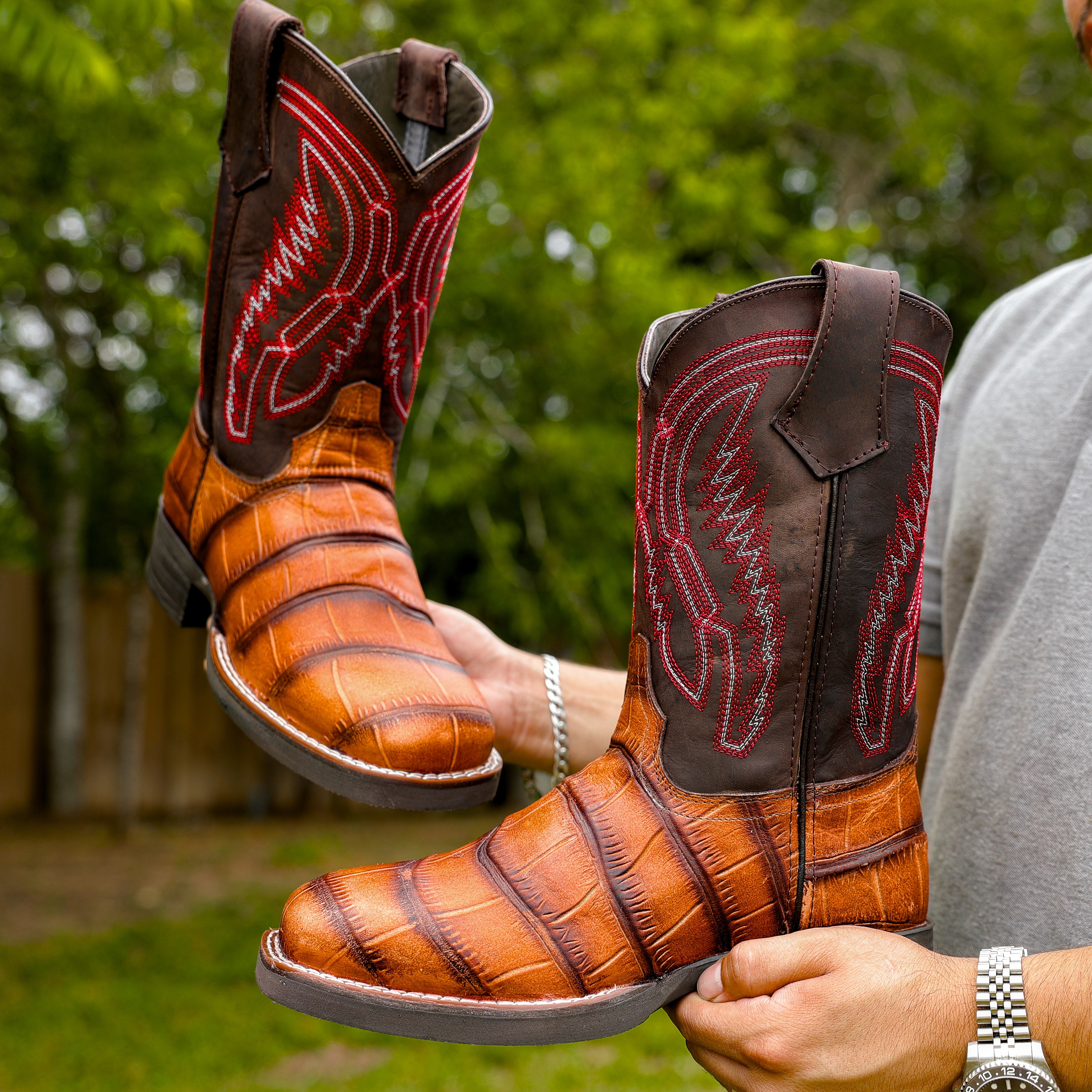 Cognac American Gator Belly Leather Boots With Lightweight Soles - Square Toe