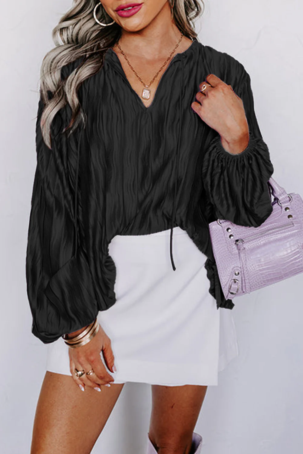 Textured Bubble Sleeve V Neck Loose Blouse