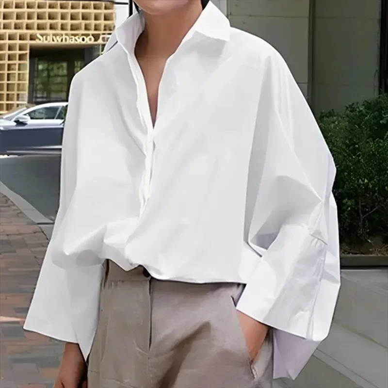 Women's Long-Sleeved Loose Solid Color Lapel Shirt