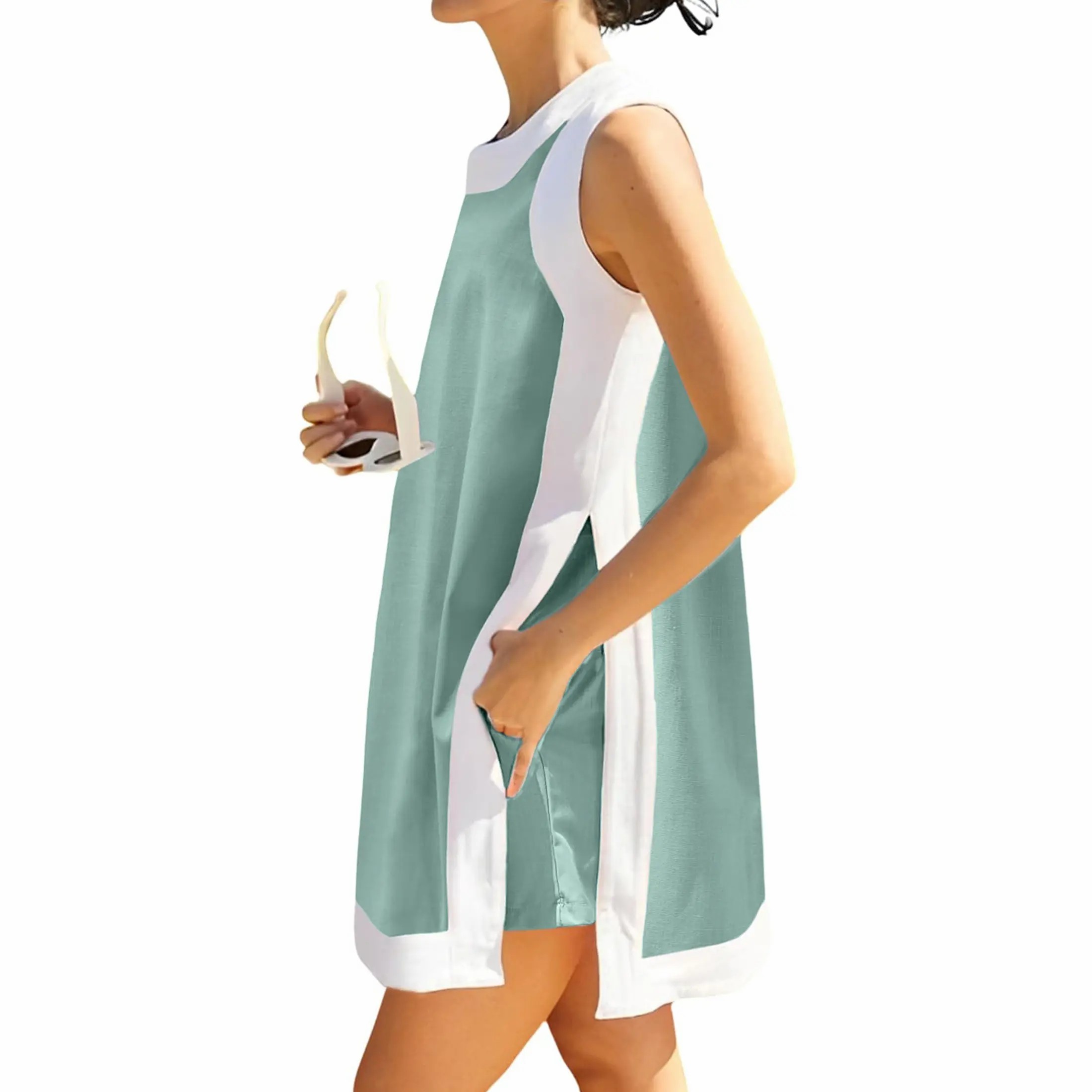 Women's Color Block 2-Piece Set – Crewneck Sleeveless Top & Matching Shorts with Pockets