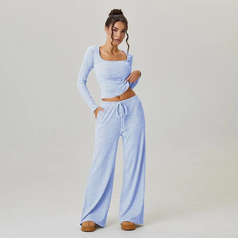 Women's Stripe Square Neck Long Sleeve Crop Top & Wide Leg Trousers Set